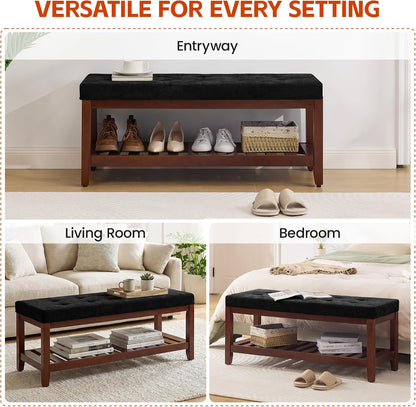 HUBSON 44" Entryway Shoe Bench, Upholstered End of Bed Bench with Solid Wood Shelf, Button Tufted Shoe Bench for Bedroom, Hallway, Living Room, Dark Grey