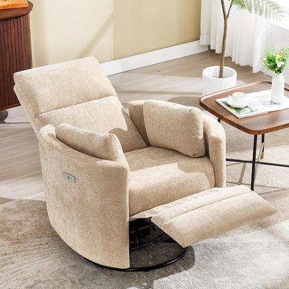 Power Recliner,Nursery Swivel Glider Rocking Chair with USB Port,Upholstered Adult Electric Recliner Rocking Chair with 2 Pillows for Living Room Bedroom (Khaki, Power-Driven)