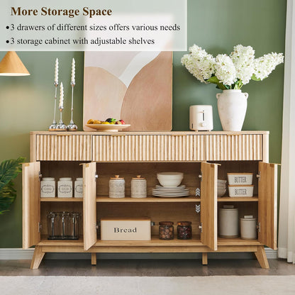 T4TREAM Large Buffet Sideboard Cabinet with Storages, 60" Fluted Modern Buffet Table Coffee Bar Wine Bar Storage Cabinet with 3 Drawers & 4 Doors for Dining Room, Living Room, Hallway(Natural Oak)