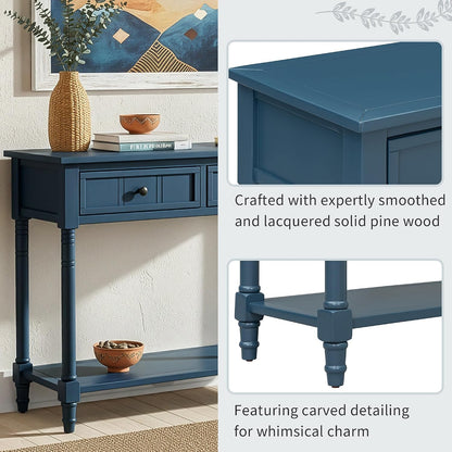 P PURLOVE Console Table Sideboard Wooden Sofa Table with 2 Drawers and Bottom Shelf (Dark Navy)