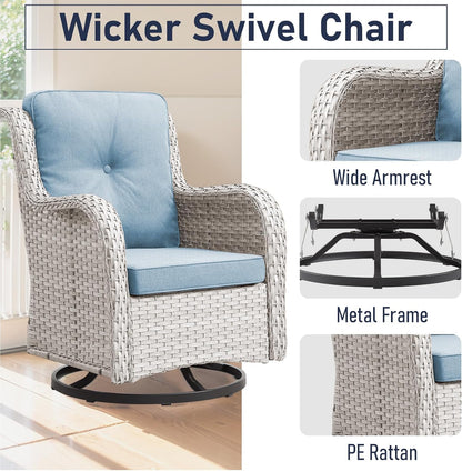 Outdoor Furniture Set: 11 PCS Patio Furniture Set with Outdoor Swivel Rocker Patio Chairs, Light Beige/Light Blue