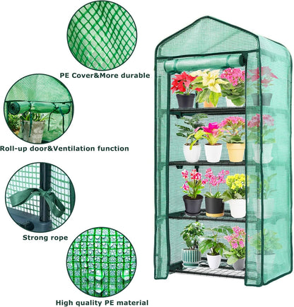Mini Greenhouse for Indoor Outdoor,Plant Green House 4-Tier Rack Stand Portable Greenhouses with Durable PE Cover for Seedling, 2.5x1.6x5.2 FT Ideal Gardening Gifts for Women Men(PLGH704G)