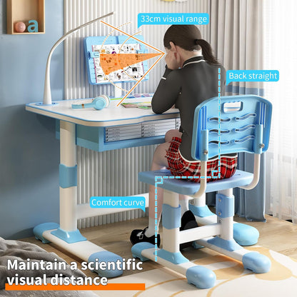 Cuteam Kids Study Desk Chair Set, Height Adjustable Toddlers Writing Table with Tiltable Reading Stand, Living Room Bedroom Children Learning Table with Extra Large Drawer (Blue)