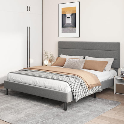King Platform Bed Frame with Adjustable Linen Fabric Upholstered Headboard, Strong Slats Support, Noise-Free, No Box Spring Required, Easy Assembly for Bedroom Guest Room, Grey