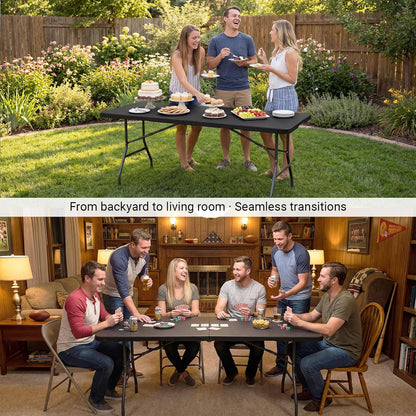 6ft Folding Table, Portable Heavy Duty Plastic Table for Party, Black | Fold-in-half Design with Carry Handle,Easy Setup,Compact Storage. Supports 330 lbs for Indoor & Outdoor use,Camping, Picnic