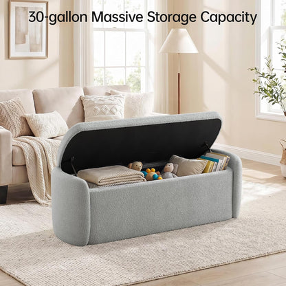 VKNOW Storage Bench, Upholstered Storage Ottoman Bench with Hinge, Grey | Ottoman Bench with Large Capacity, Curved Frame, King Size Bench, Storage Bench for Bedroom, Living Room, Entryway, Window