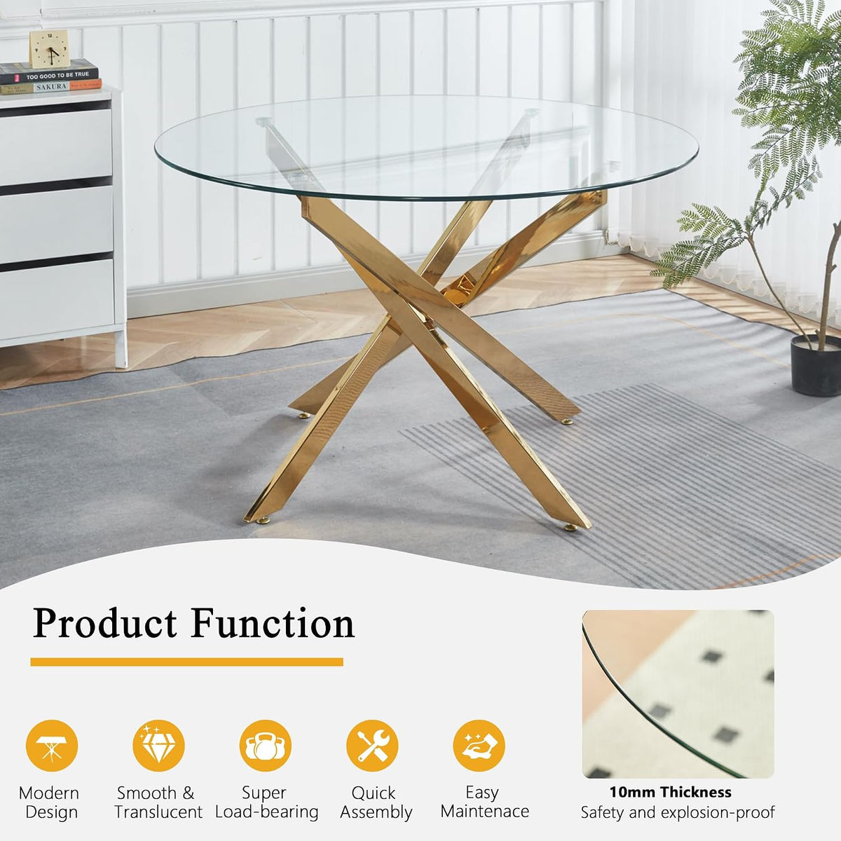 Round Glass Dining Table Set for 4, Small Kitchen Table Set for 4, 47" Circle Glass Dinner Table and Green Velvet Chairs Set of 4,5 Piece Round Dining Room Table Set for Dinette Breakfast Cafe Party
