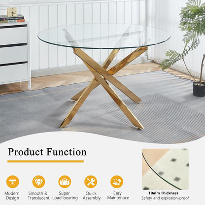 Round Glass Dining Table Set for 4, Small Kitchen Table Set for 4, 47" Circle Glass Dinner Table and Grey Velvet Chairs Set of 4,5 Piece Round Dining Room Table Set for Dinette Breakfast Cafe Party