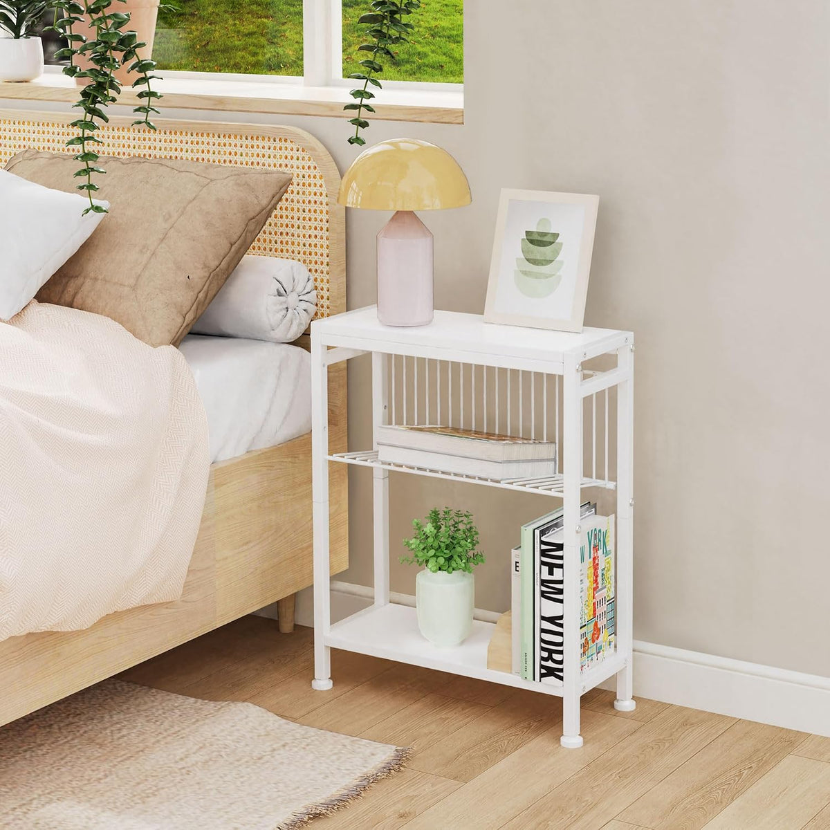 Side Table for Small Spaces, Narrow End Table with Magazine Holder, 2 in 1 Design Slim Side Table, Skinny Nightstand for Living Room Bedroom, Thin Side Magazine Table, White