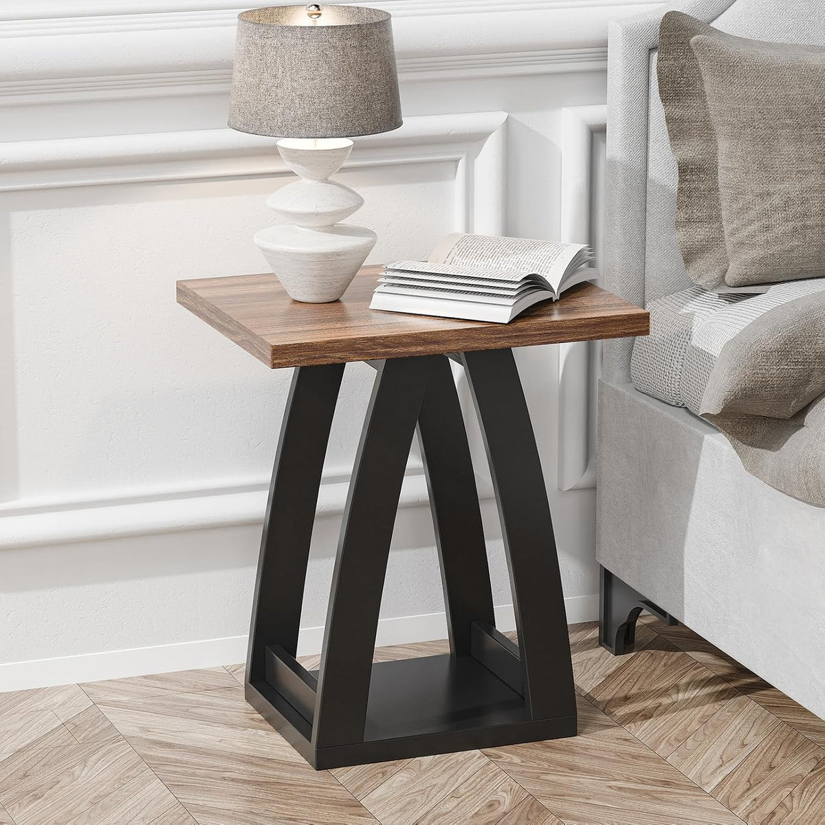 End Tables Living Room. Side Table Beside Sofa. Modern End Table for Living Room. Couch Side Table with Shelf. Black-Brown Wood Side Tables