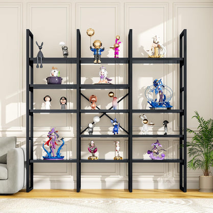 Large Bookshelf 5 Tiers, Triple Wide Geometric Bookcase, 71 Inches Tall Industrial Book Shelves Etagere Book Case, Sturdy Metal Frame, Freestanding Display Shelving Unit (Black)