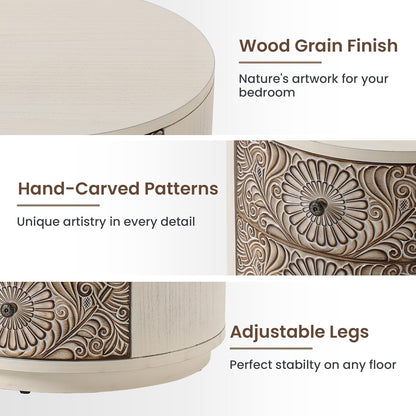 HOMPUS Round End Table Set 2, Fully Assembled Nightstand w 3 Storage Drawers, Farmhouse Wood Dresser Set of 2, Vintage Nightstand Bedside Tables, Aceent End Tables for Bedroom, Rustic White