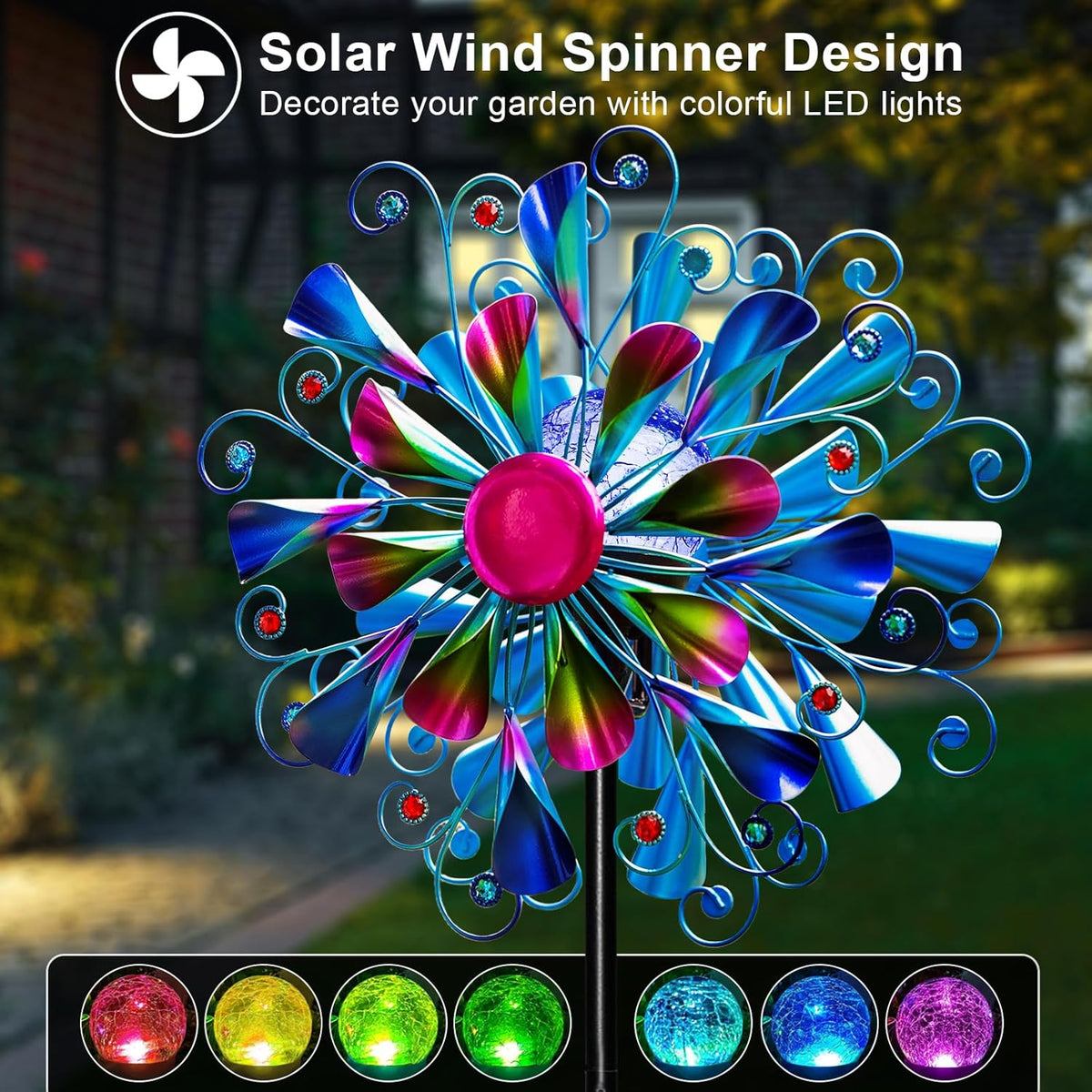 60'' Wind Spinner with Color Glass Ball Solar Lights, Blue Peacock Feathers Metal Garden Outdoor Decor Yard Lawn Art Decor for Patio Kinetic Windmills Unique Gifts for Friends and Family