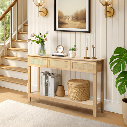 Karl home 51"Console Table w/3 Rattan Drawers & Storage Shelf, Natural Wood | Boho sofa table with 13.1"W rattan drawers,storage shelf,living room and hallway use, natural wood look