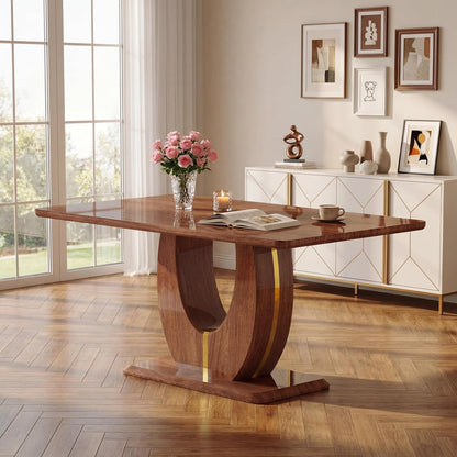 63" Wooden Dining Table for 4-6 People, Modern Farmhouse Kitchen Table with U-Shaped Legs, Rectangular Walnut Wood Dinner Table for Dining Room, Living Room, Home Office