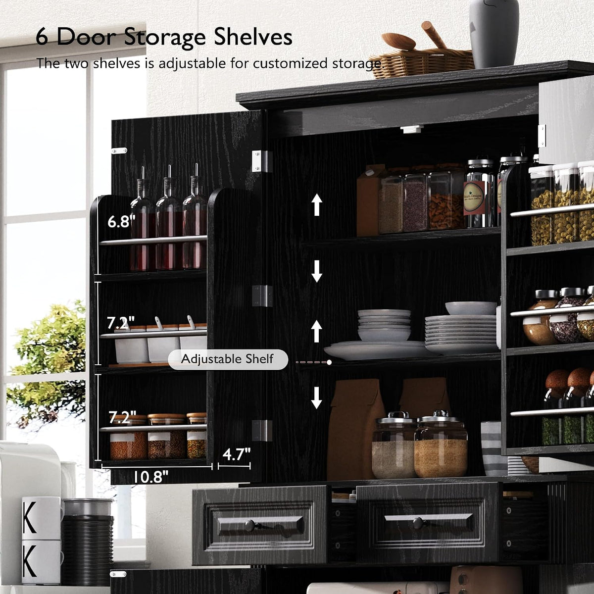 Ball & Cast 71" Farmhouse Kitchen Pantry Cabinet with 3 Pull-Out Organizers, Tall Storage Cabinet with 4 Doors, 2 Drawers, 6 Door Shelves & Adjustable Shelves, Freestanding Cupboard, Black