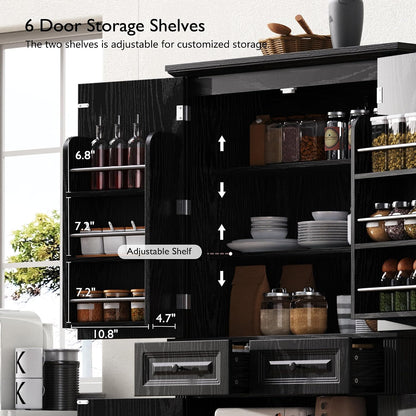 Ball & Cast 71" Farmhouse Kitchen Pantry Cabinet with 3 Pull-Out Organizers, Tall Storage Cabinet with 4 Doors, 2 Drawers, 6 Door Shelves & Adjustable Shelves, Freestanding Cupboard, Black