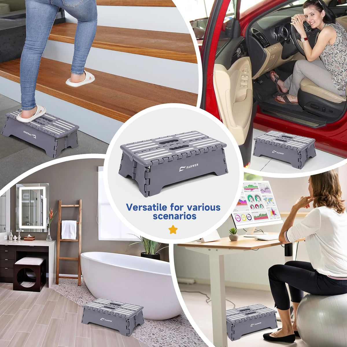 Fanwer 5 inch Portable Folding Step Stool - Safe & Stable, Foldable Stepping Stool for Car, Bathroom, Bedroom, Step Stools for Elderly & Adults (Gray)