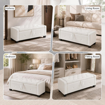 extrasleep 48" White Storage Ottoman Bench, Faux Leather Upholstered Tufted Ottoman, PU Bench for Bedroom Living Room Entryway Hallway, Large Leather End of Bed Benches, Lvory White