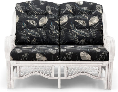 Malibu Lounge Loveseat Sofa Natural Rattan Wicker Handmade Design, White Color with Black Leaf Cushions
