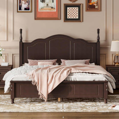 Dark Walnut Wood Bed Frame Queen Size with Wave Shaped Headboard