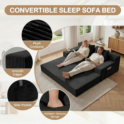 Loveseat Small Couch Bed, Futon Sleeper Sofa Bed,Convertible Pull Out Couch with 2 Pillows,Corduroy Folding Floor Couch for Living Room,No Assembly Required,Black