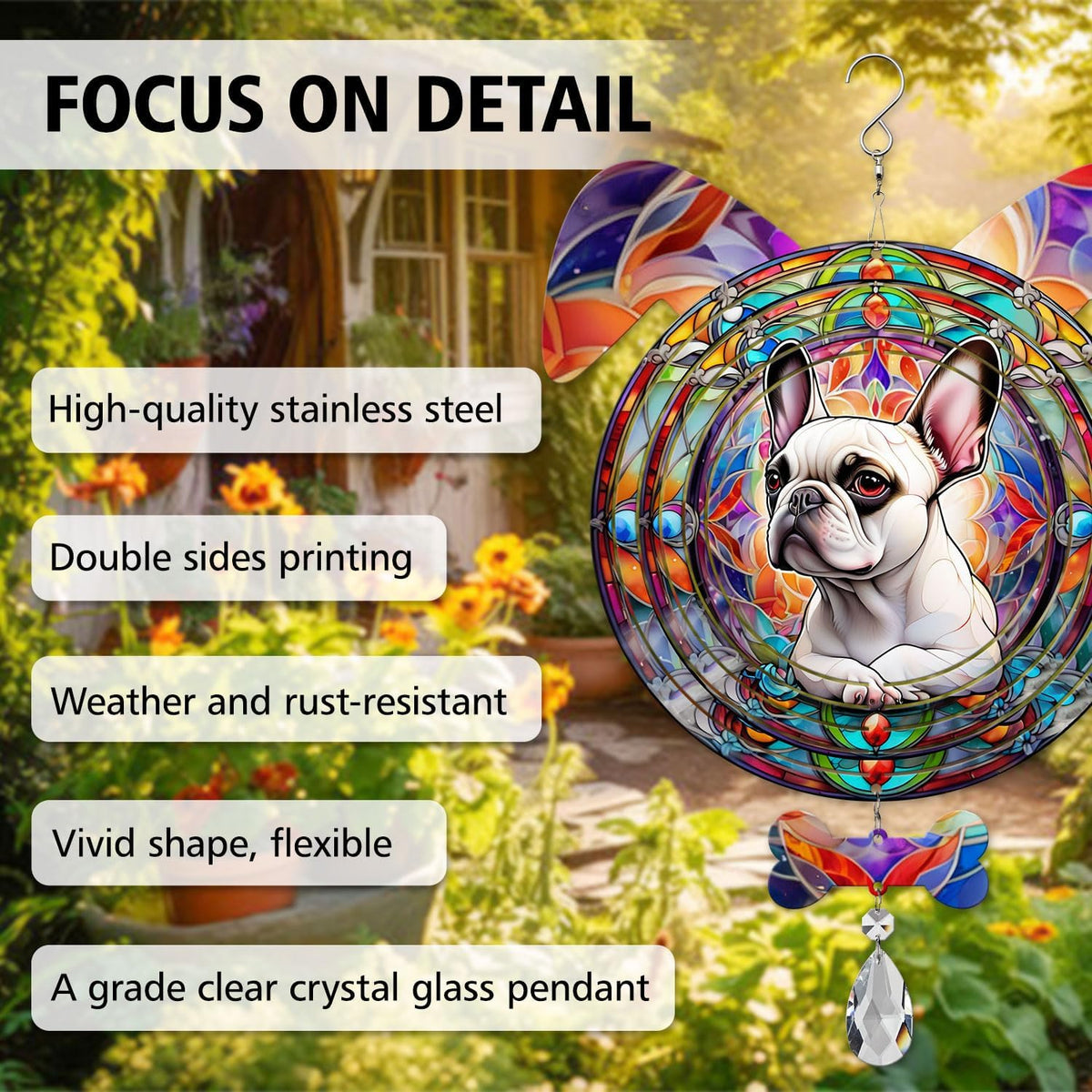 French Bulldog Dog Ears Wind Spinner, French Bulldog Wind Spinner Hanging for Yard and Garden