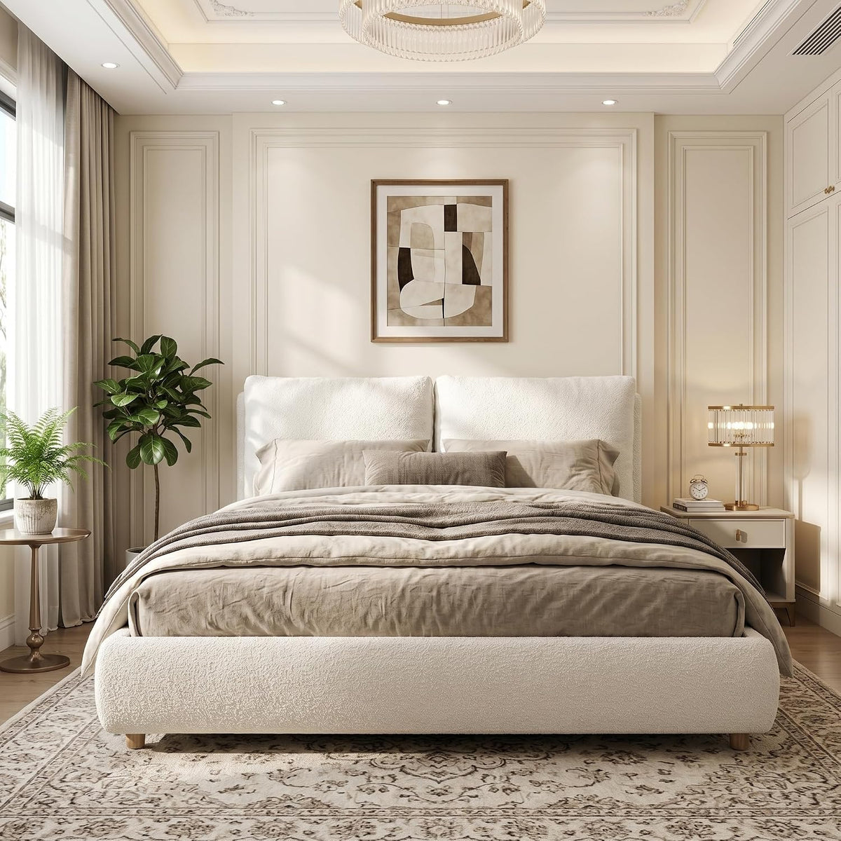 Merax Queen Boucle Platform Bed with 2 Removable Headboard Pillows, White