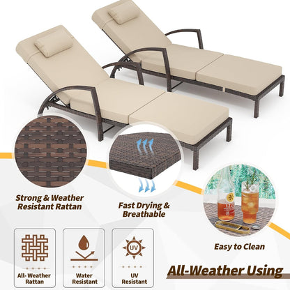 GarveeLife 2-Piece Rattan Patio Folding Chaise Lounge, 5-Position Adjustable Backrest Outdoor Lounge Chair with Cushion and Pillow for Poolside, Backyard, Deck, Porch, Beige