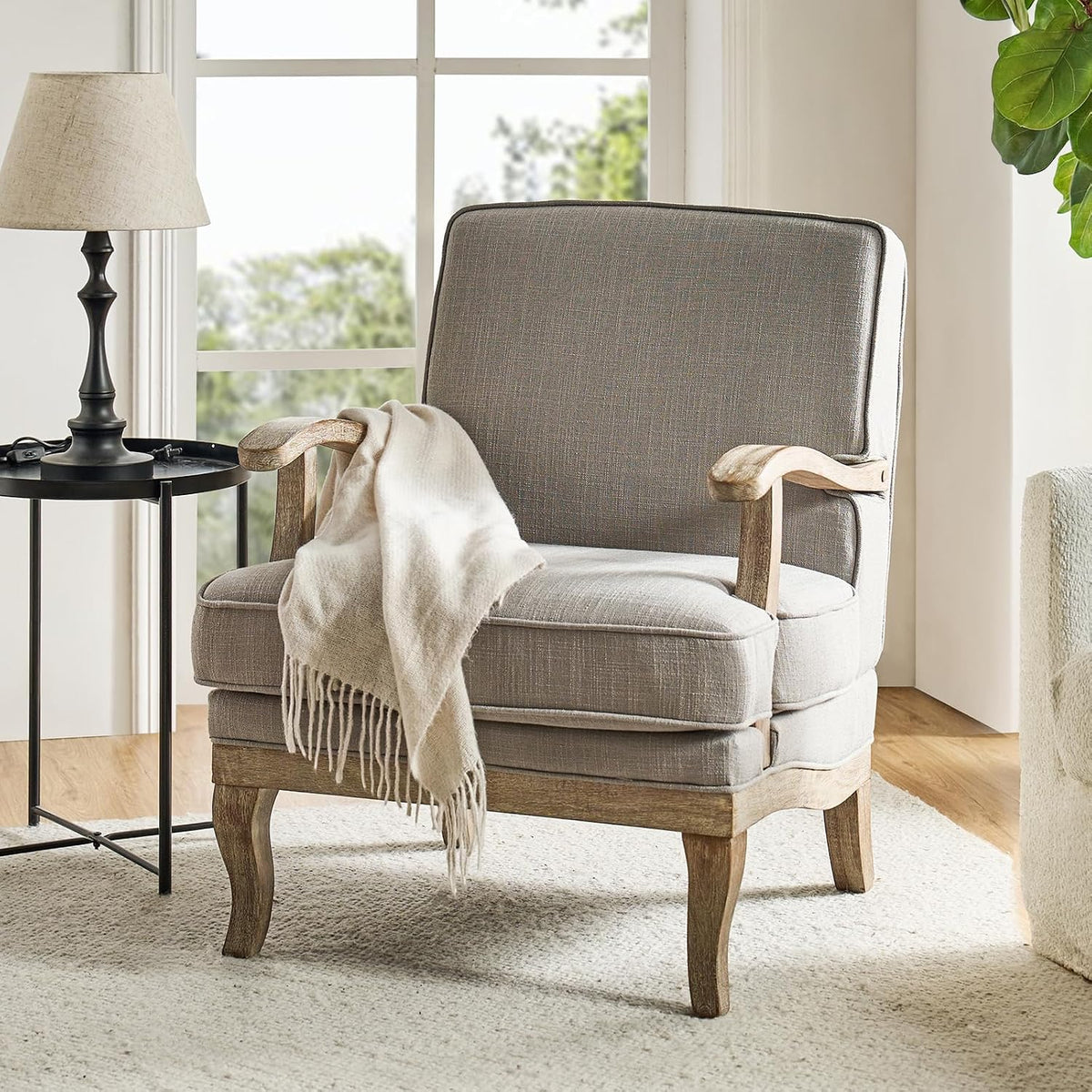 HULALA HOME Mid-Century Modern Accent Chair, Upholstered Lounge Arm Chair with Solid Wood Legs and Armrest, Removable Cushion Comfy Retro Reading Armchair for Living Room, Bedroom, Balcony, Grey
