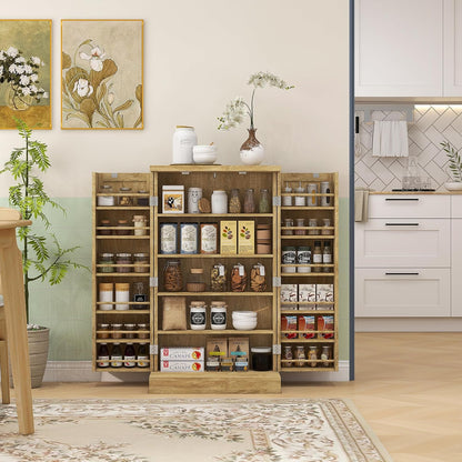 Majnesvon 41" Kitchen Pantry Cabinet,5-Tier Sideboard Buffet Cabinet with Adjustable Shelves & Doors,Freestanding Food Pantry Storage Cupboard for Small Spaces Dining Room (Natural)