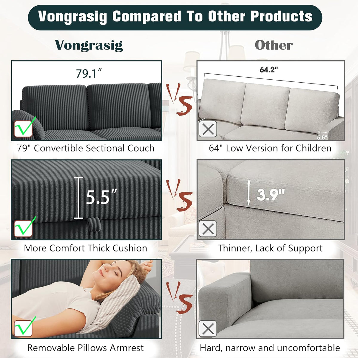 Vongrasig 79" Convertible Sectional Couches Sofa with Storage Ottoman, 3 Seat L Shaped Couch with Side Storage Pockage, Small Couches for Living Room, Apartment and Small Space, Grey