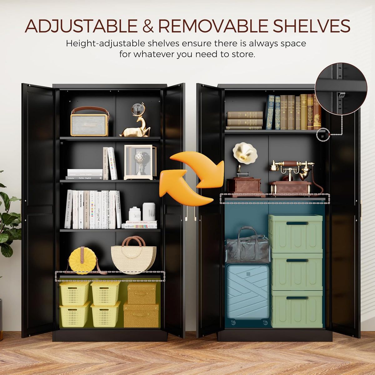 71" Tall Metal Pantry Cabinet, Black Kitchen Pantry Storage Cabinet with 4 Adjustable Shelves and Gold Handles, Cupboard for Kitchen, Dining Room, Living Room, Bathroom