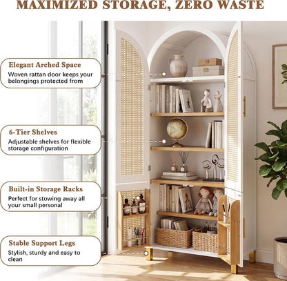 71" Tall Arched Cabinet with Rattan Doors & Adjustable Shelves, White | 4-Door Modern Farmhouse Storage Cabinet with Built-in Racks – Versatile Organizer for Kitchen, Dining Room, Study, Sturdy MDF