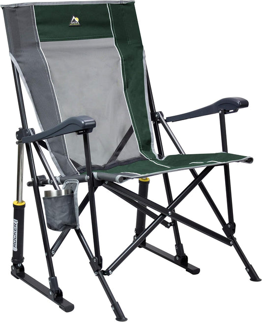 GCI Outdoor Roadtrip Rocker Camping Chair | Portable, Folding Rocking Chair with Solid, Durable Armrests, Drink Holder & Comfortable Extended Backrest — Hunter Green