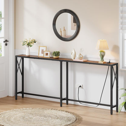 Gewudraw 70" Sofa Table Behind Couch with Oulets-Narrow Console Table,Brown | Industrial Style, Long Skinny Design,Couch Table For Hallway,Living Room,Bedroom, Built-In Power Outlets & USB, 172cm Length