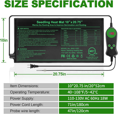 Seedling Heat Mat with Built-in Temperature Controller (2 Pack), 10" x 20.75" Plant Heating Pad with Thermostat for Indoor Seed Starting Germination Hydroponics Waterproof