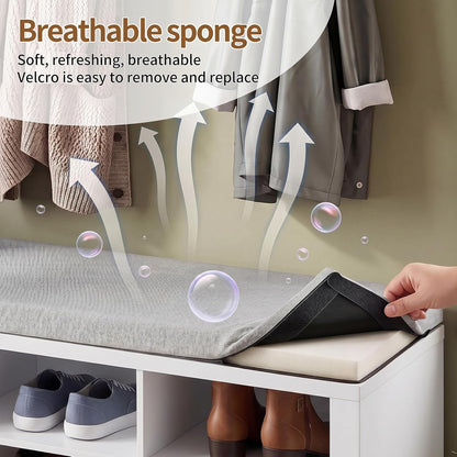 Shoe Storage Bench with Cushion Shoe Rack for Entryway 16 Cubby Multifunctional Organizer Bench Entryway with Soft Sponge Cushion for Hallway Living Room Bedroom (White & Light Gray)