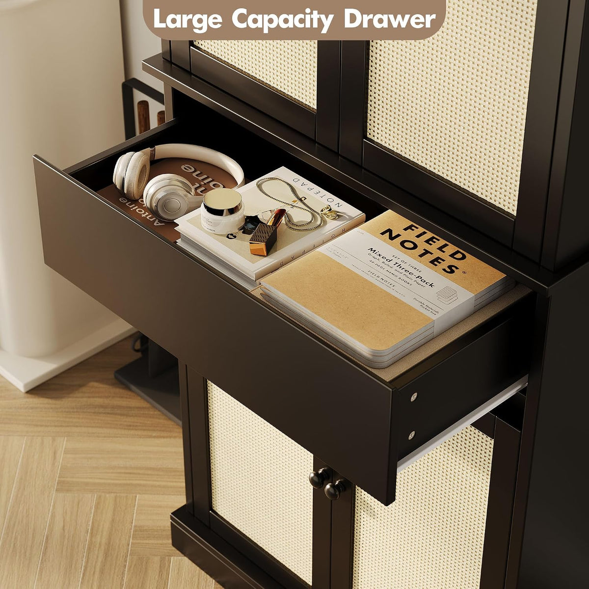69 Inch Tall Pantry Cabinet , Slim Wood Storage Cupboard with Adjustable Shelves, Rattan Doors and Drawer, Freestanding Kitchen Organizer, Bathroom Linen Cabinet for Dining Room and Laundry Room