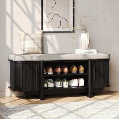 Maupvit Entryway Shoe Storage Bench with Sliding Doors, 2-Tier Upholstered Shoe Rack Bench with Hidden Storage, Wooden Shoe Organizer with Padded Cushion for Hallway, Mudroom, Bedroom, Black Finish