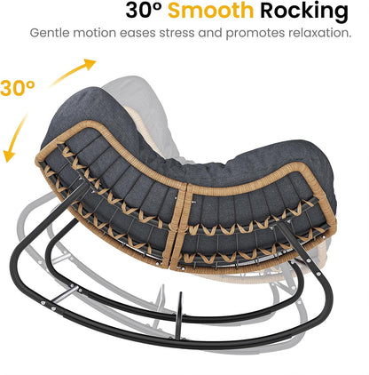 Oversized Papasan Rocking Chair Outdoor, Comfy Wicker Patio Papasan Egg Rocker with Thick Cushion for 450 lbs, Indoor Lounge Reading Chair for Living Room, Porch, Garden, Balcony-Dark Gray
