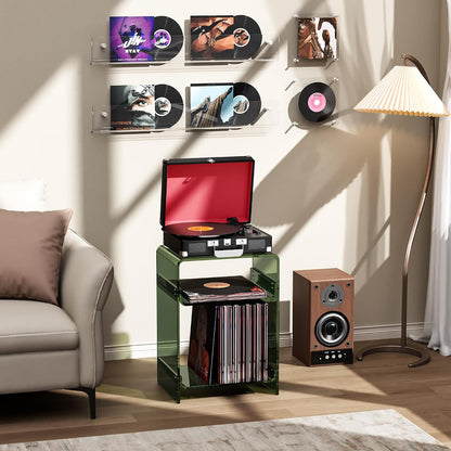 Acrylic Record Player Table with Storage Shelf, Clear Side Table Nightstand (Green, Medium)