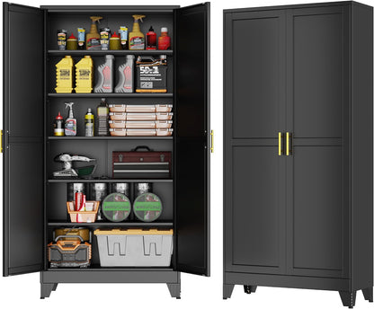 GAIOUS 75'' Tall Metal Garage Storage Cabinet, File Cabinet with 2 Doors and 5 Adjustable Shelves, Black Outdoor Steel Tool Cabinets for Home Office,Warehouse,Garage