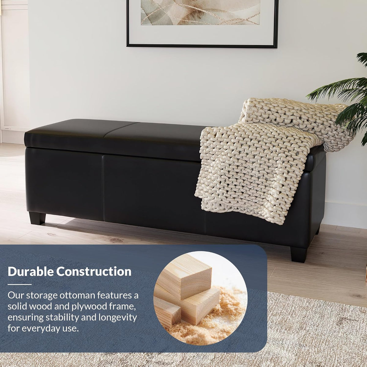 BELLEZE Storage Faux Leather Ottoman, 47 Inch Bench Bedroom Bench with Safety Close Hinge, Extra Long Ottoman with Storage for Living Room, Entryway, Hallway, Foot Rest, Support 300lbs - Black