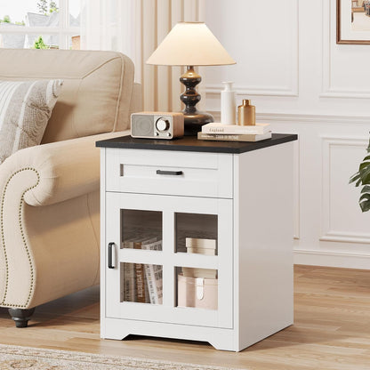 Farmhouse End Table, 18" Side Table with Drawer and Barn Door Storage, Wood Sofa Side Bedside Table for Living Room, Bedroom (White)