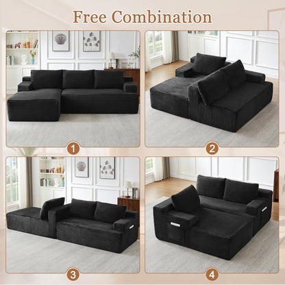 Eafurn 96" L Shaped Cloud Sectional Couch with Chaise, Deep Seat Modular Sectional Sofa Corduroy Memory Foam Sofa Couches for Living Room Bedroom, No Assembly Required, Black