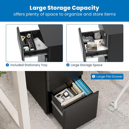 Mount-It! Slim 3 Drawer Rolling File Cabinet with Lock, Mobile Metal Filing Cabinet on Wheels for Under Desk Home & Office Storage, Letter Legal A4, Black