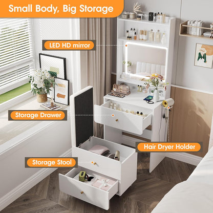 Make Up Vanity Desk with Mirror and Lights,Small Vanity With Storage Chair | White Vanity Table Set with Charger Station