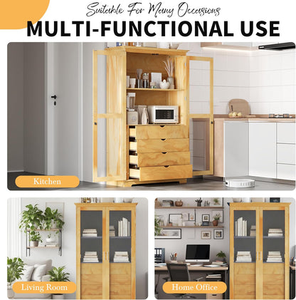 KUIKUI Kitchen Pantry Storage Cabinet, Pantry Cabinets for Kitchen Storage with Glass Doors and 4 Drawers, Natural, 44.7”L x 20”W x 75”H