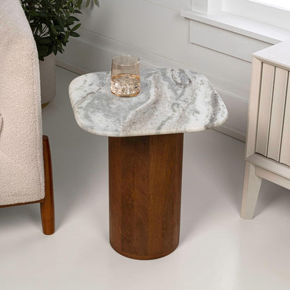 JONATHAN Y Milos Natural White Marble Square Top End Table with Honey Wood Cylinder Pedestal Base, 18" Modern Side Table for Living Room, Bedroom, and Small Spaces END5004B